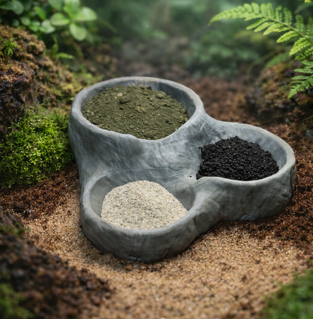 Natural Stone Hermit Crab Staple Dish | Segmented 3 Section Feeding Bowl for Greensand, Worm Castings and Calcium