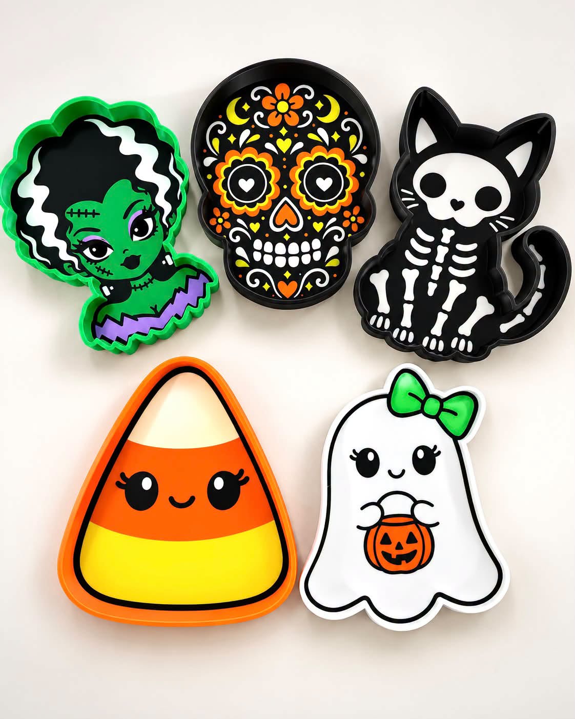 Spooky 3D Printed Feeding Dishes | Ghost, Candy Corn, Skeleton Cat, Halloween Skull & Bride